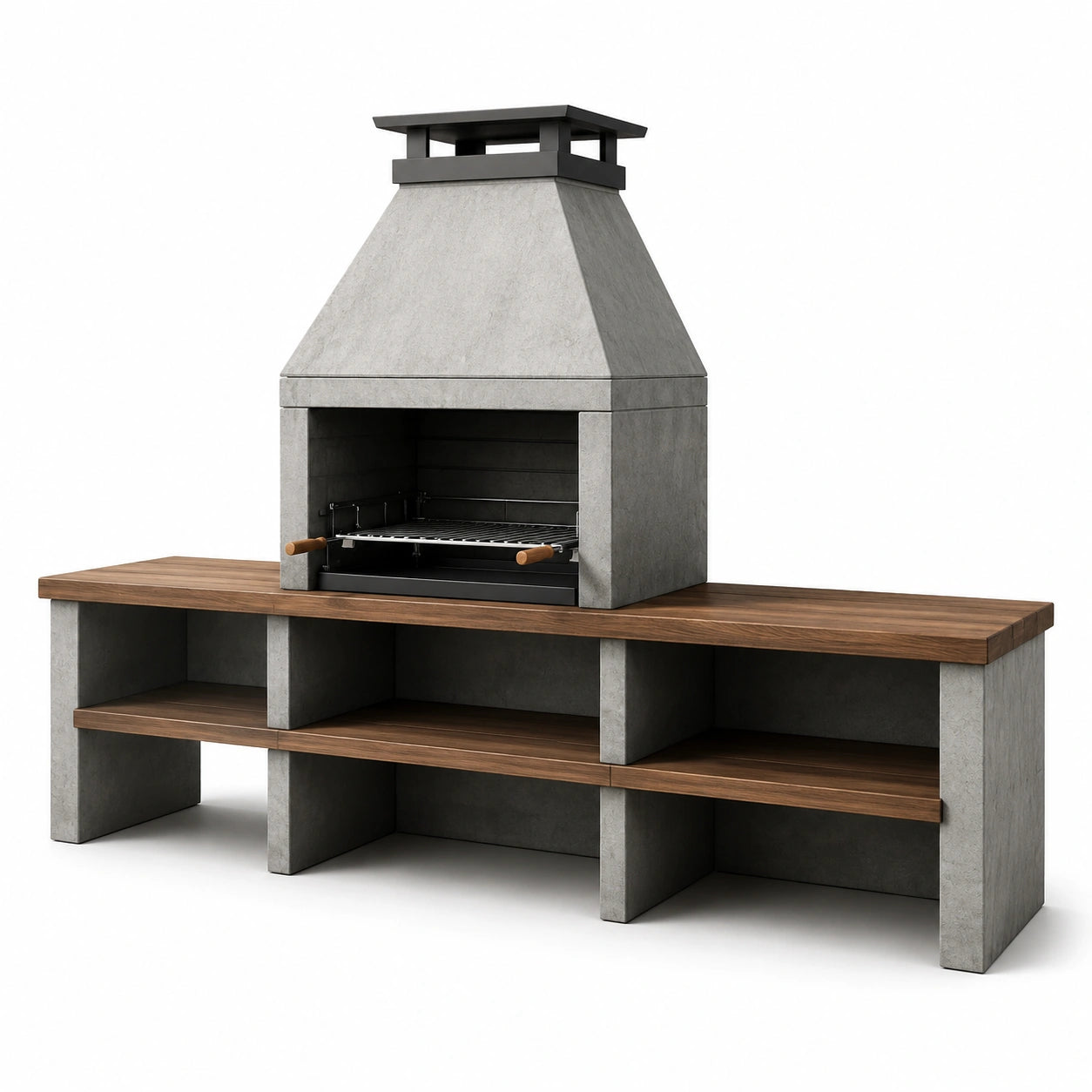 Barbecue in cemento con mensole in legno di teak