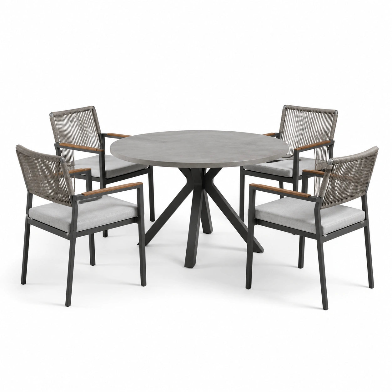 Set da pranzo per esterno in metallo e corda con tavolo e 4 sedie grigie