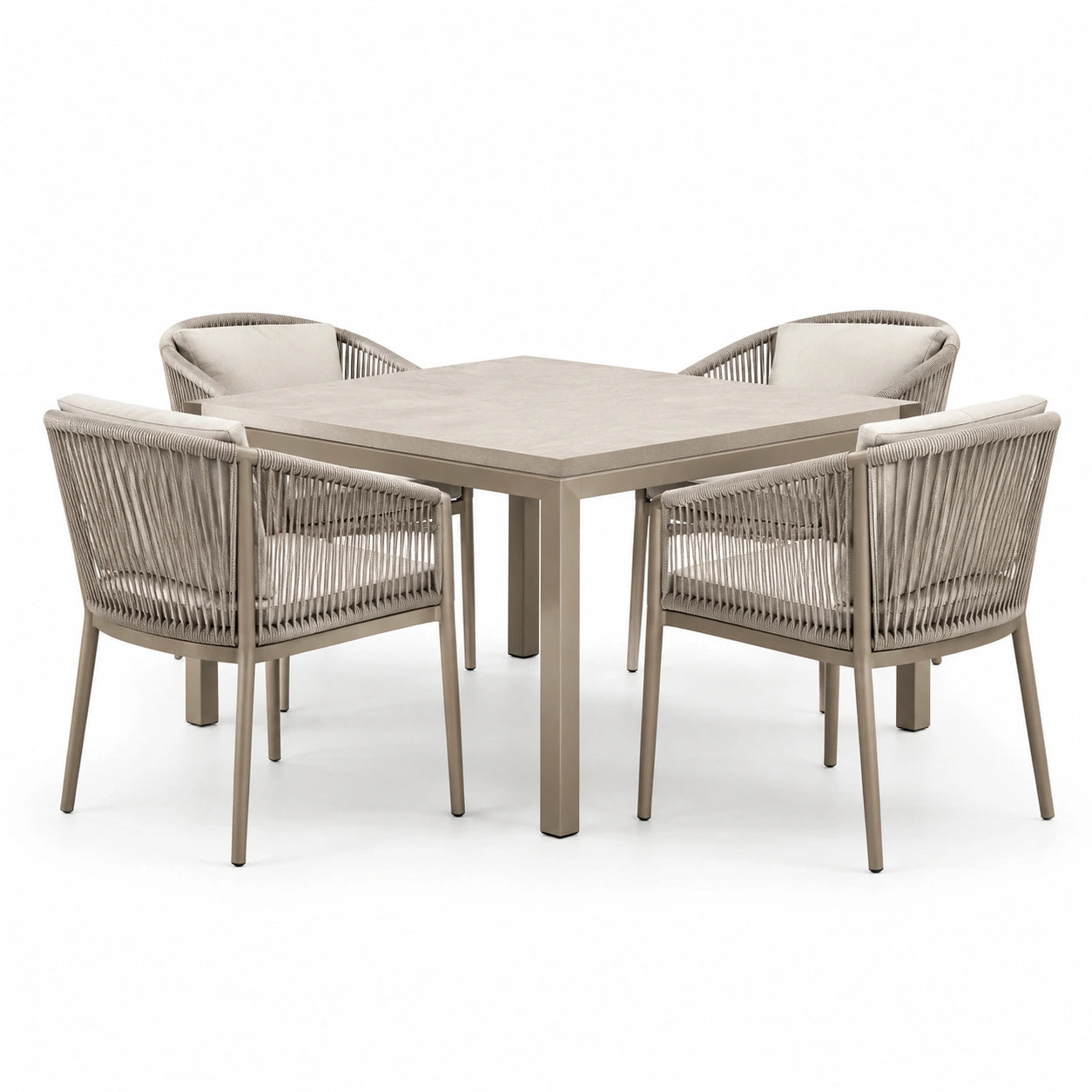 Set da pranzo in alluminio e corda con 4 sedie beige