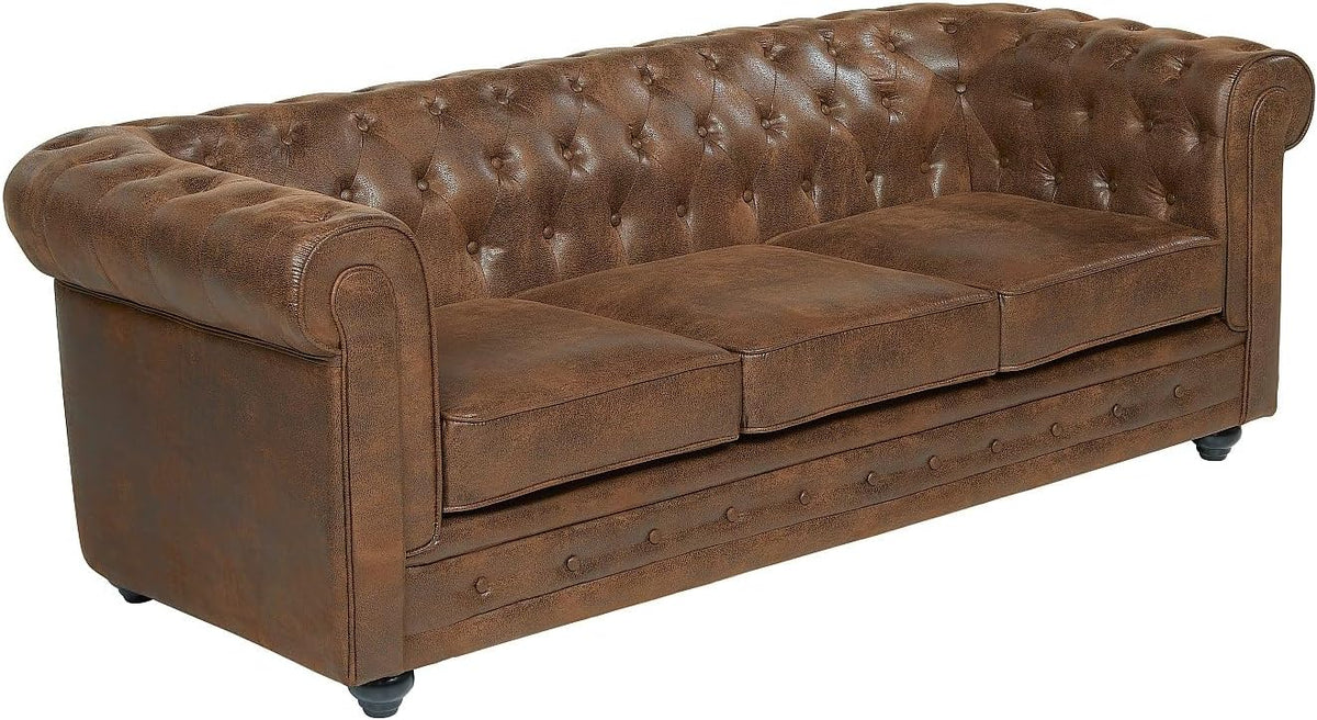 divano, 72 cm, Vente-unique, - CHESTERFIELD 3 posti in microfibra aspetto cuoio invecchiato