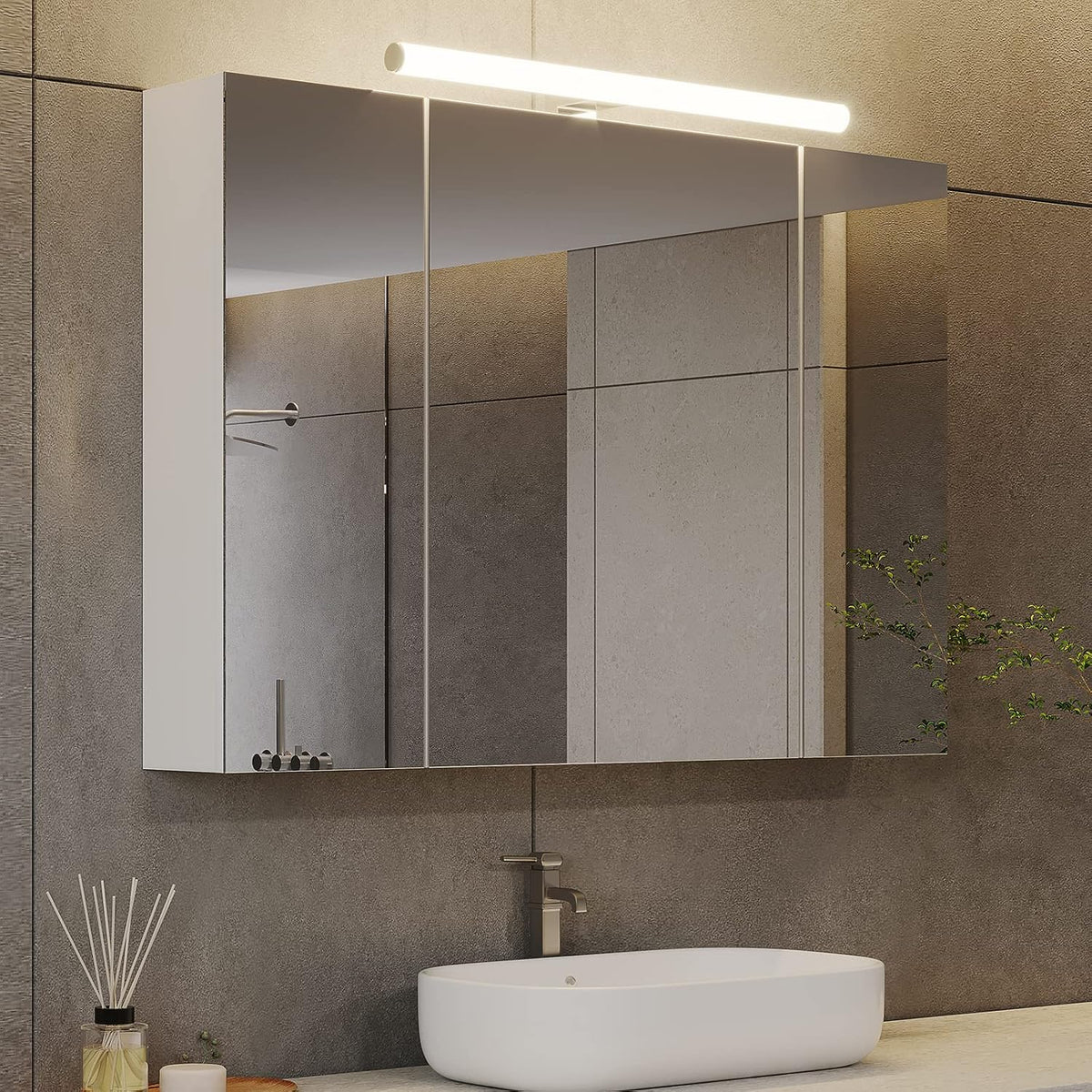 Armadietti a specchio, 80 × 16 × 60cm, bianco, DICTAC, DICTAC Armadietto Specchio Bagno con Luce e Presa Elettrica