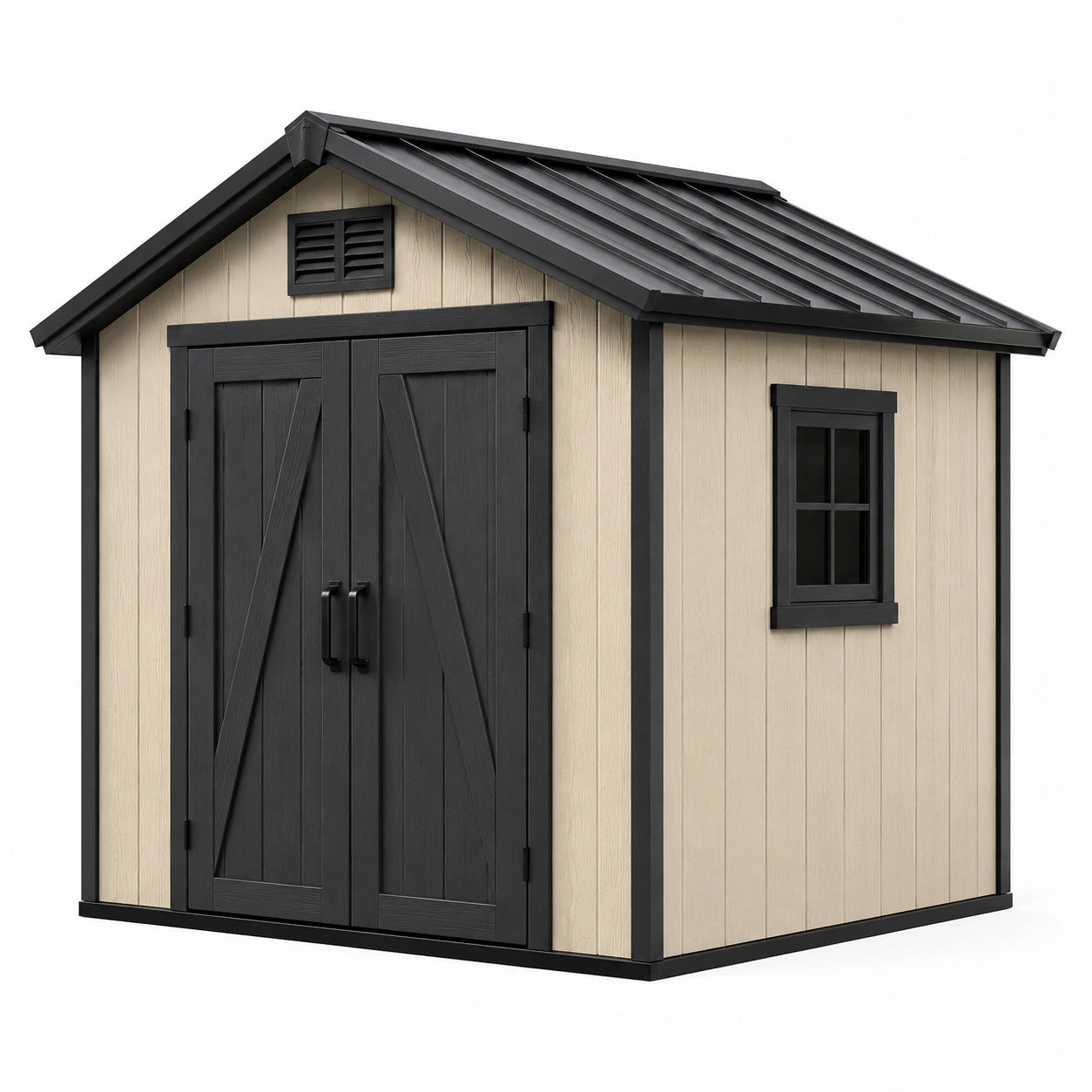 Casetta da giardino in resina con tetto a doppia falda e porta a doppio battente 190x190x215 cm beige e nero