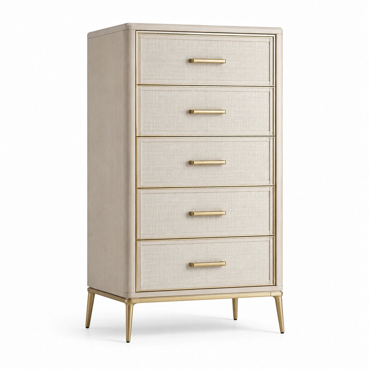 Cassettiera alta con 5 cassetti in legno e tessuto beige