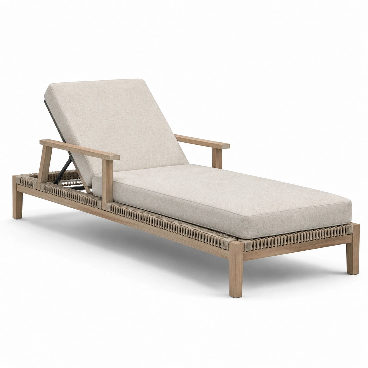 Lettino prendisole in legno di teak con cuscino beige