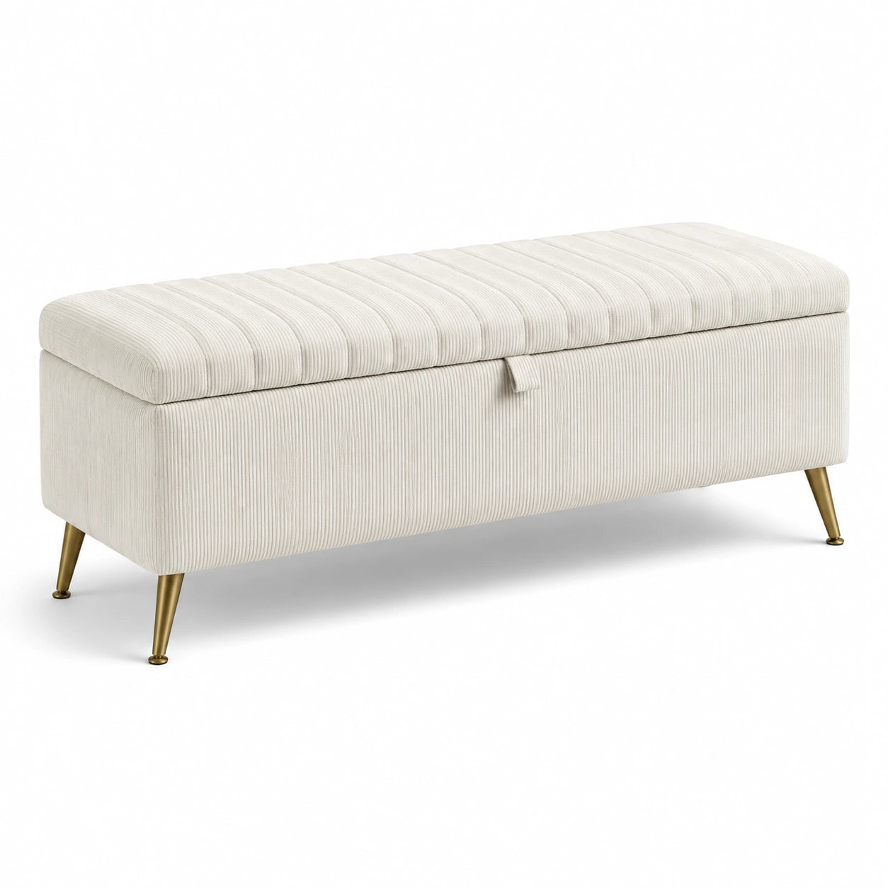 Panca in tessuto a coste beige con gambe in metallo dorato 120x40x45 cm