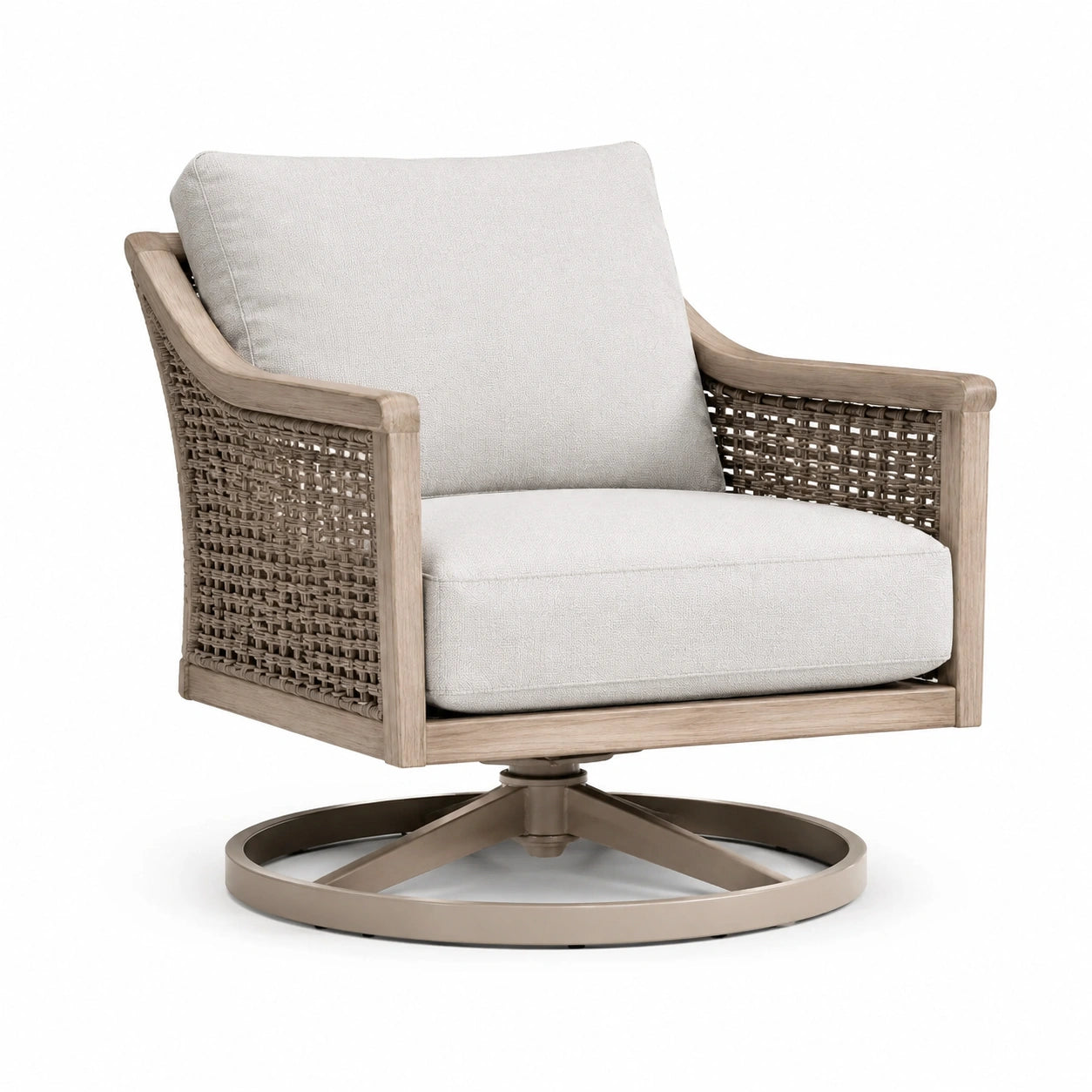 Poltrona girevole in legno e rattan, tessuto beige