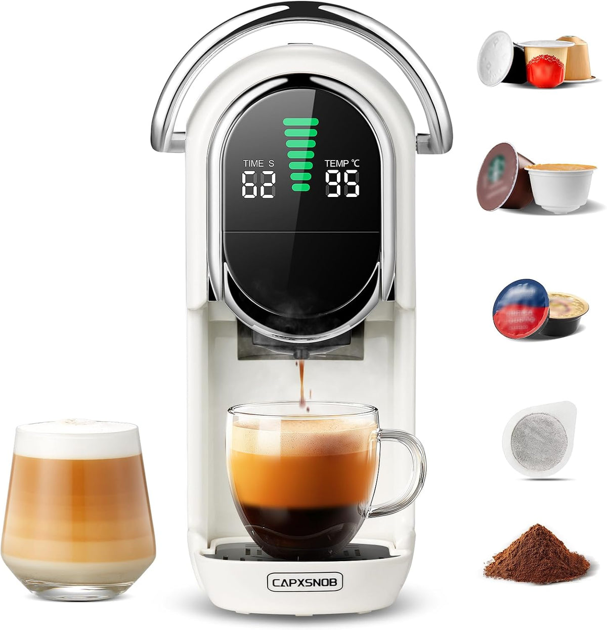 macchina da caffè, 27,4 × 14,4 × 28,5 cm, 1450W, con illuminazione LED, bianco, CAPXSNOB, ESE 44 Cialde e Caffè Macinato, 20 Bar, Display LED