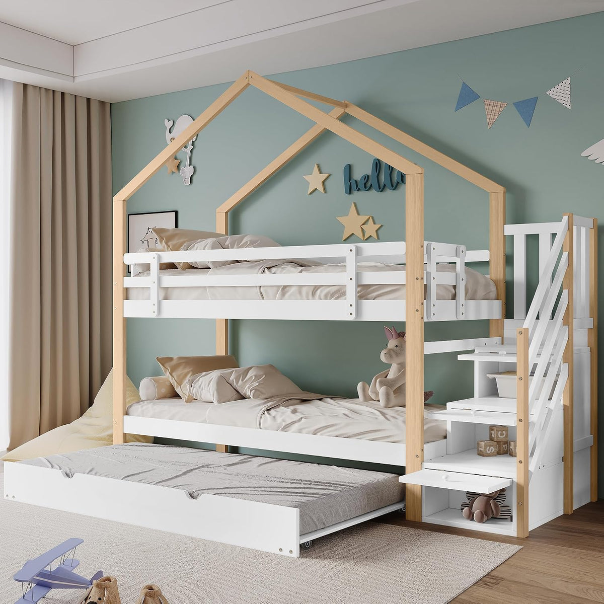 letto, 90 × 200 cm, con cassetti, legno, bianco, Rtopsu, Letto a Soppalco per Ragazzi con Scale e Contenitore Cassetti, Senza Materasso
