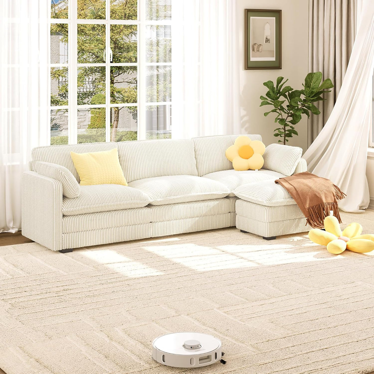 divano, tessuto, beige, per il soggiorno, Xbro, Xbro Divano Modulare a L 3 Posti con Pouf