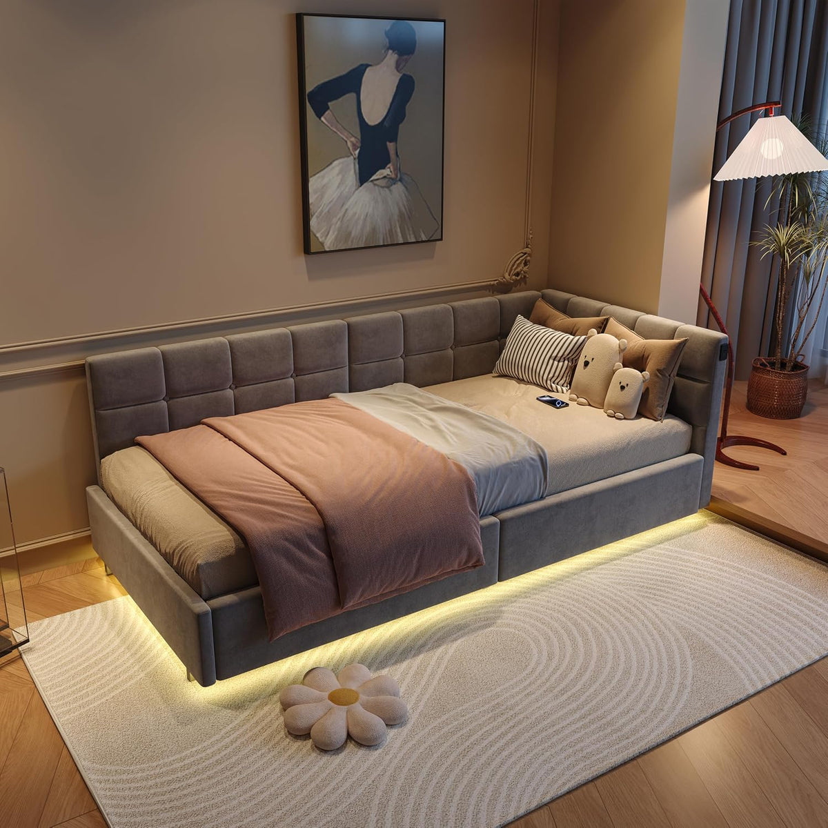 divano, 90 × 200 cm, con illuminazione LED, grigio, BSMGSGN, Letto Singolo 90x200, 90x200 cm)
