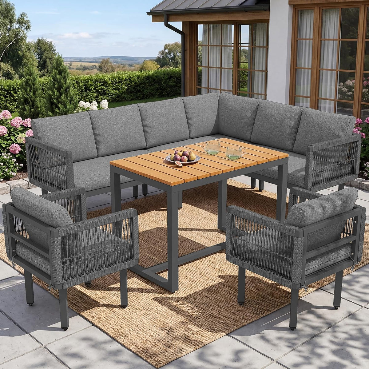 divano, 110 × 62 × 76 cm, acciaio, grigio, per il giardino, Generisch, divano angolare con 2 poltrone e tavolo, lounge per esterni