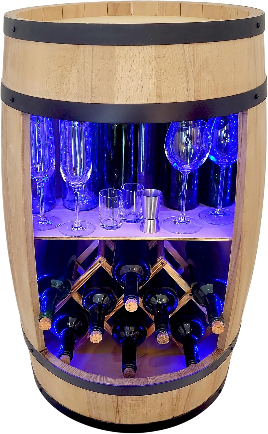Porta bottiglie da vino, 80cm, con illuminazione LED, legno, weeco, Portabottiglie per whiskybar, regalo per uomo, Botte Di whisky Grappa 80cm