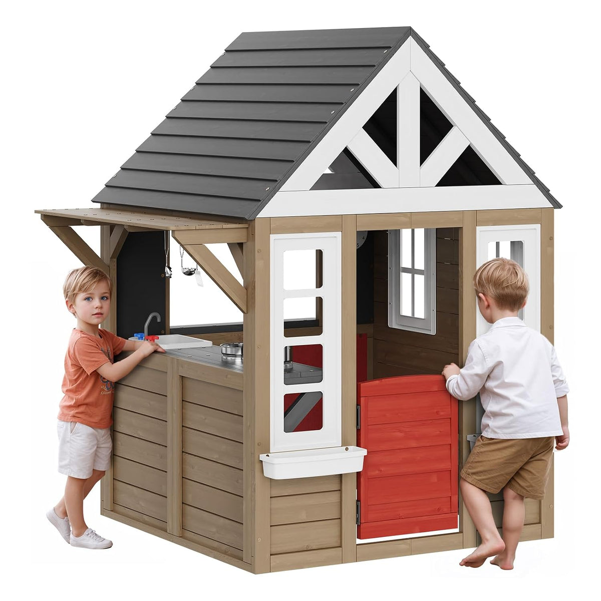 Casette giocattolo, 1403 × 1260 × 1660 mm, legno, per il giardino, VEVOR, Casetta Gioco da Cortile con Porta, Supporto per Vaso di Fiori