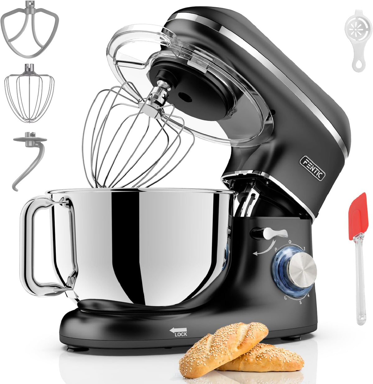 Impastatrici, 2000W, 6,2 L, acciaio inox, nero, Fentic, 2 L) - Impastatrice con Frusta