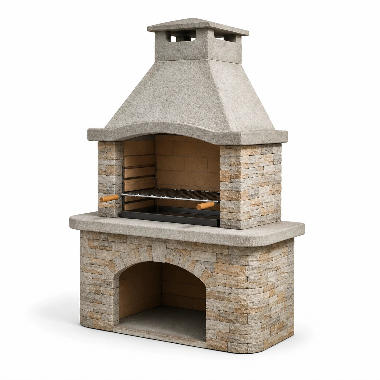 Barbecue in pietra refrattaria con griglia regolabile in acciaio, grigio