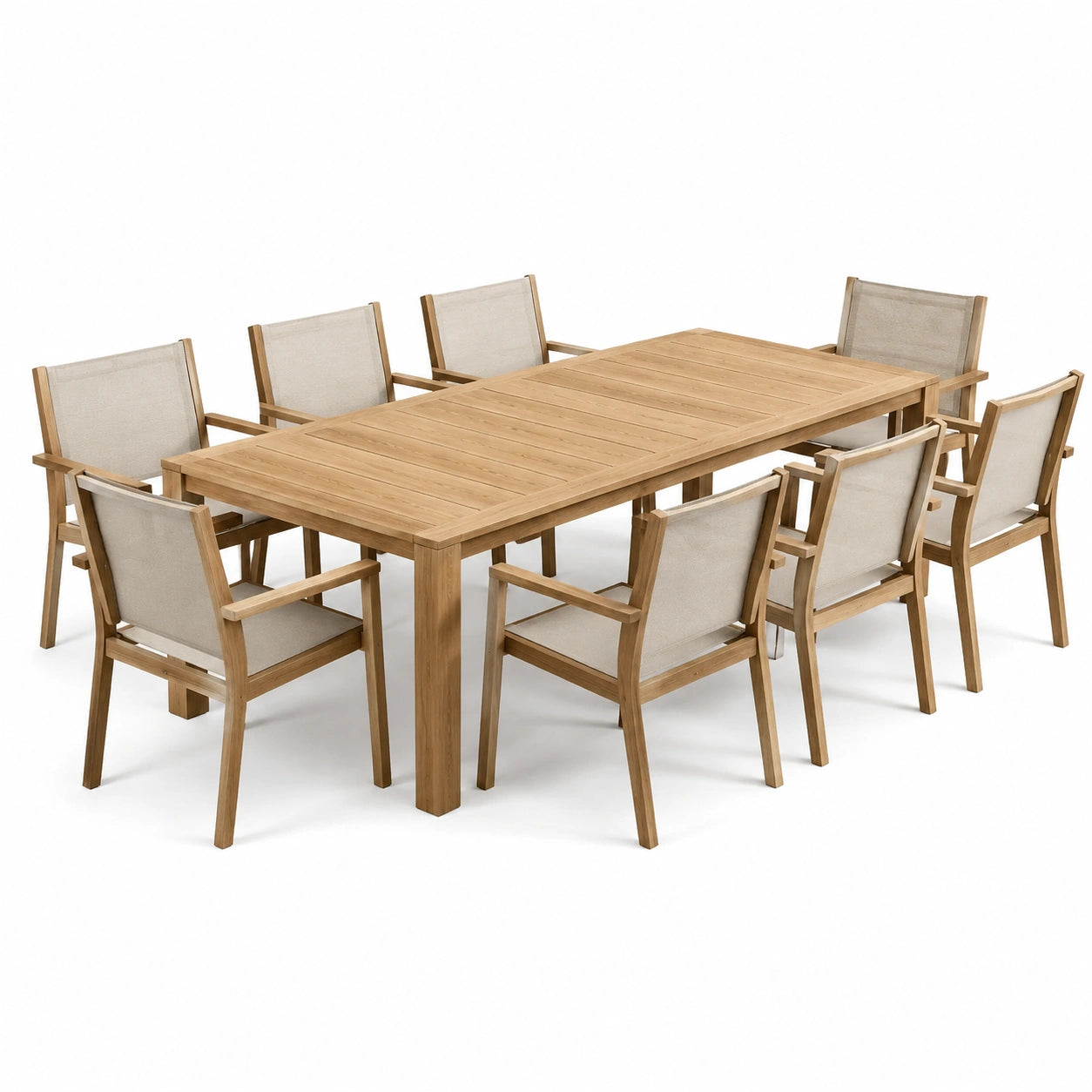 Set da pranzo in legno di teak con 8 sedie e tavolo rettangolare