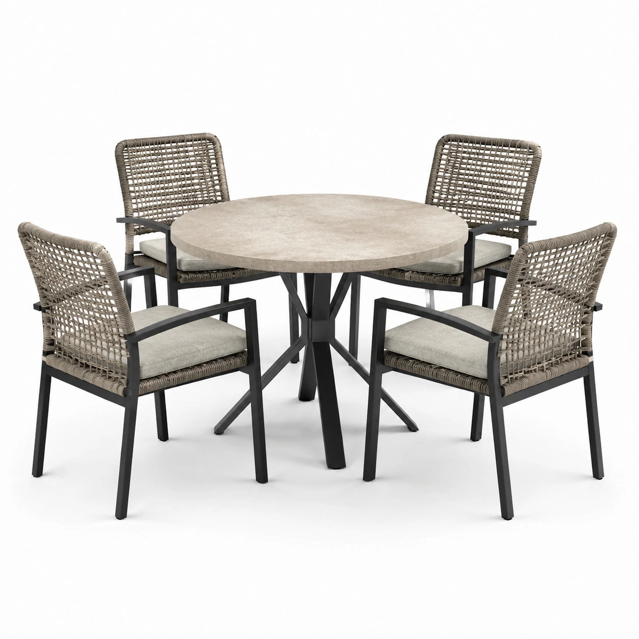 Set da pranzo tondo in pietra e metallo con 4 sedie in rattan sintetico