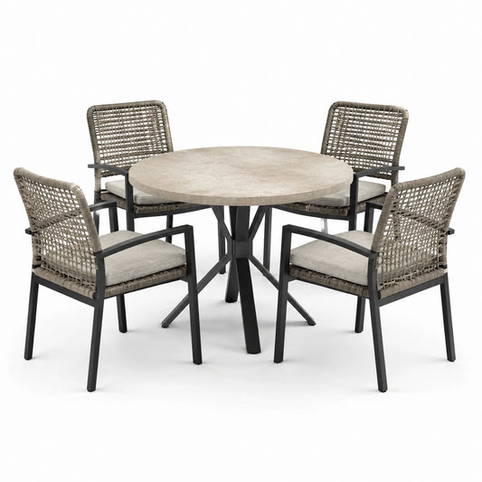 Set da pranzo tondo in pietra e metallo con 4 sedie in rattan sintetico