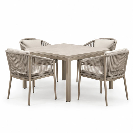 Set da pranzo in alluminio e corda con 4 sedie beige