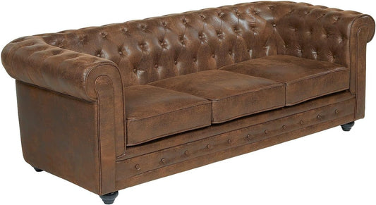 divano, 72 cm, Vente-unique, - CHESTERFIELD 3 posti in microfibra aspetto cuoio invecchiato
