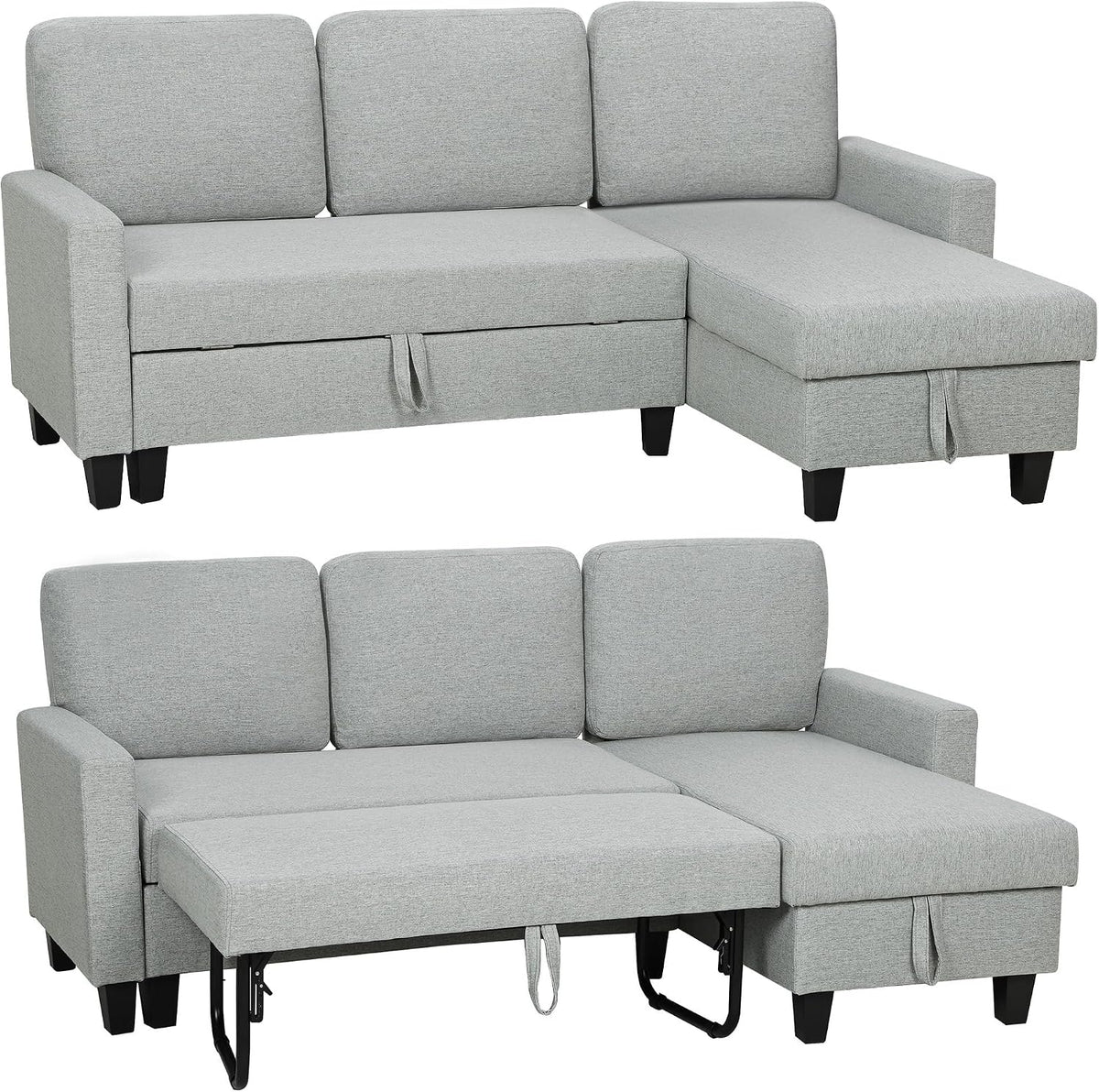 HOMCOM divano, grigio, Letto 3 Posti con Chaise Longue Convertibile Grigio Chiaro
