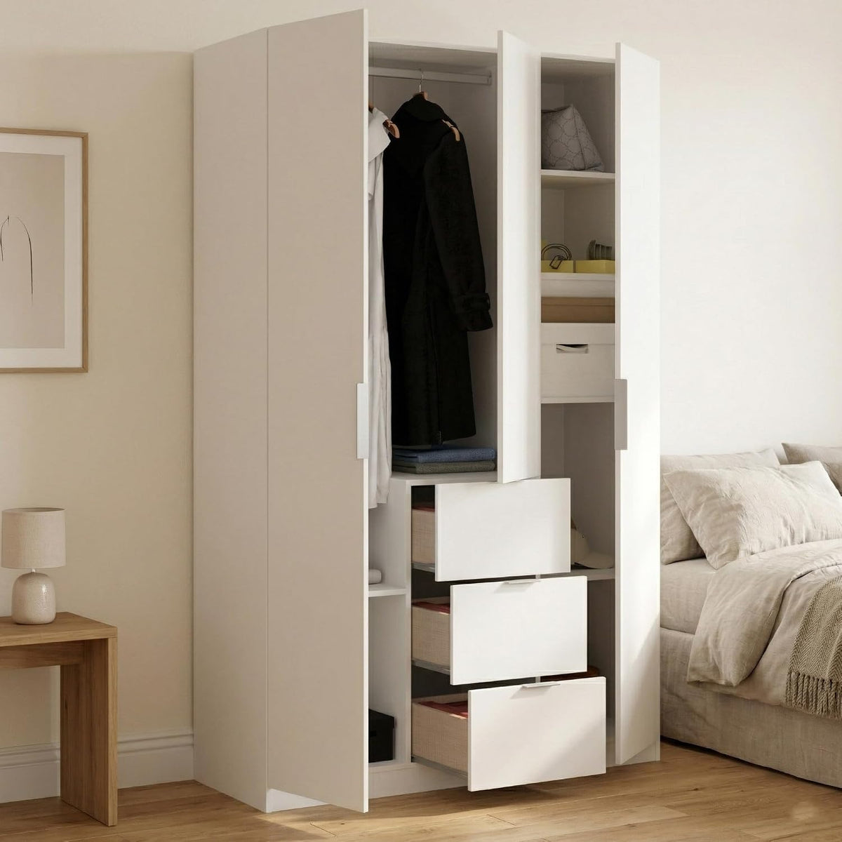 letto, con cassetti, bianco, per la camera da letto, Dmora, Armadio a 3 ante battenti e 3 cassetti, 135x52h204 cm