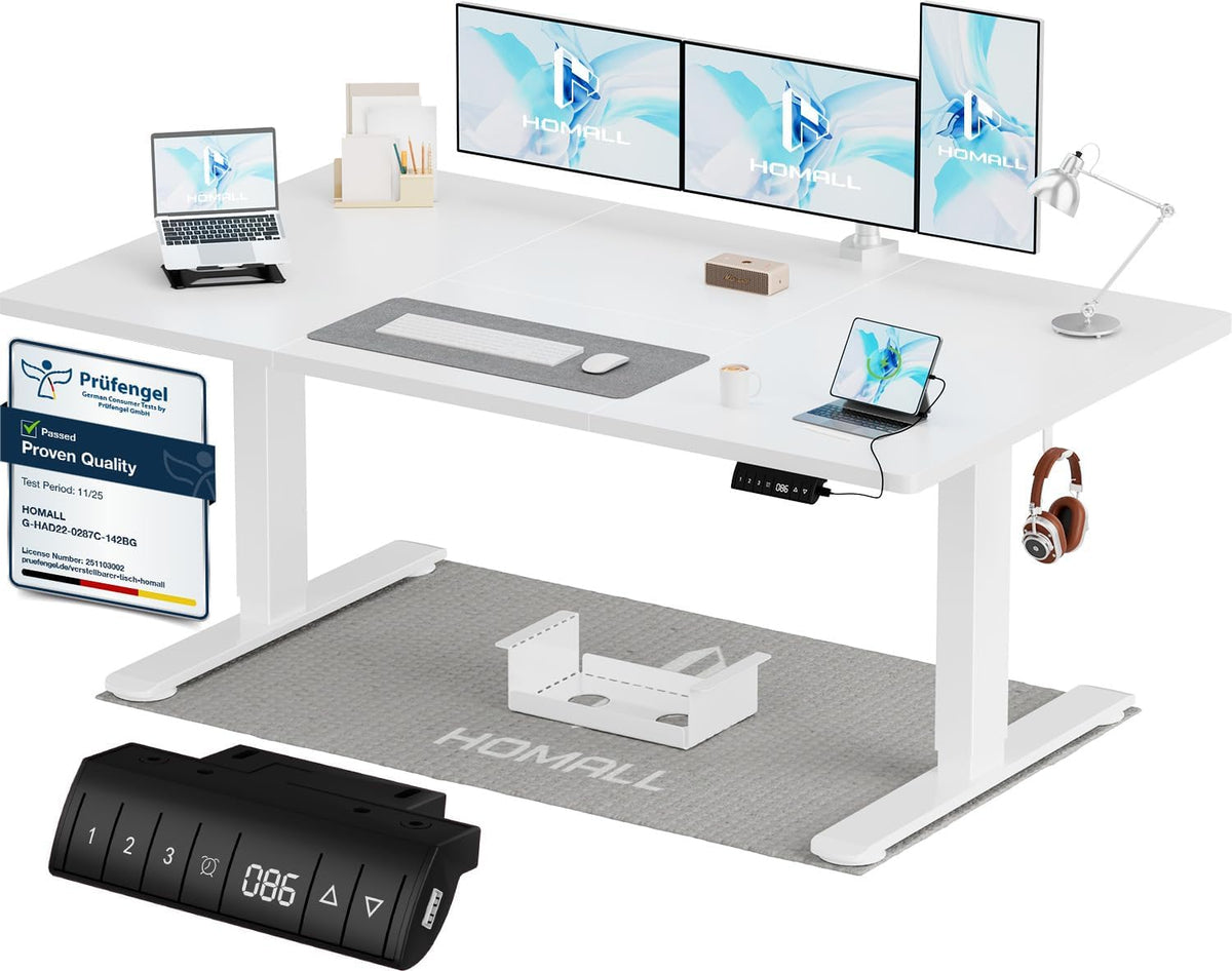 Scrivanie, 140 × 70 cm, regolabile, bianco, Homall, Homall Scrivania Regolabile in Altezza 140x70 cm con Porta USB