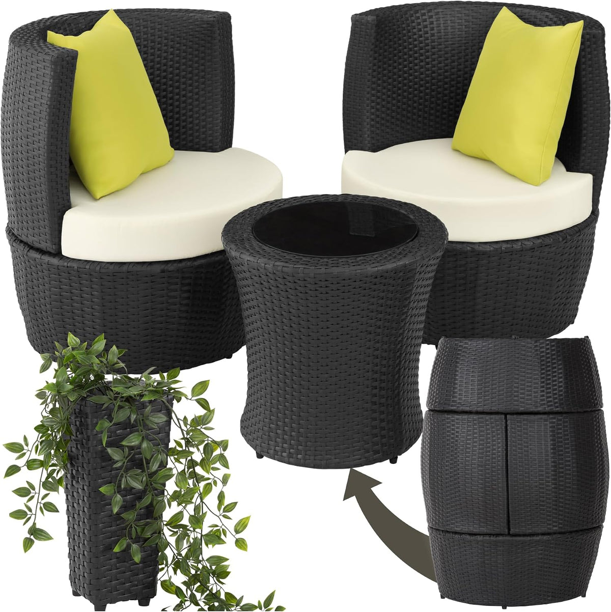 poltrona, alluminio, nero, per il giardino, tectake, 2 Sedie, 1 Tavolo, 1 Vaso