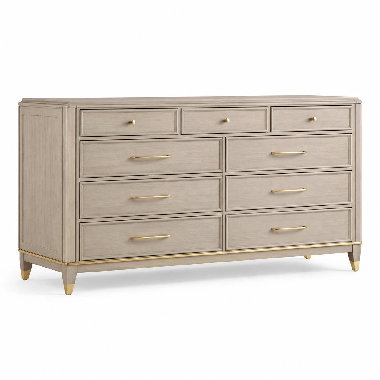 Cassettiera in legno con 9 cassetti beige e maniglie in metallo dorato