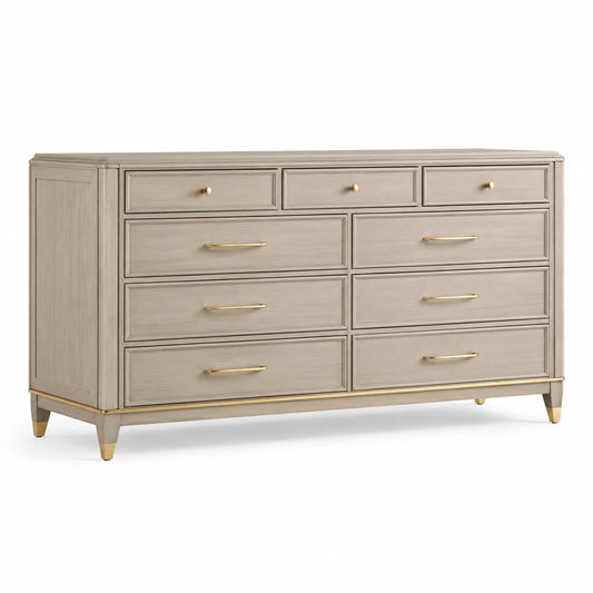 Cassettiera in legno con 9 cassetti beige e maniglie in metallo dorato