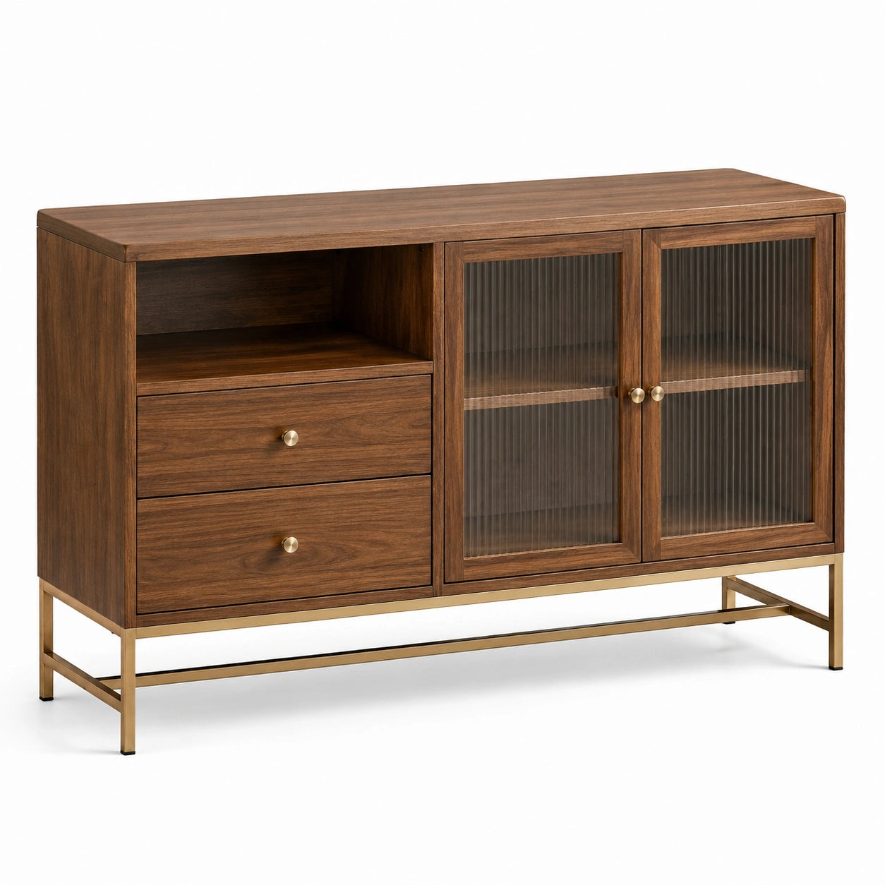 Credenza in legno con vetro scanalato e base in metallo, 80x150x40 cm