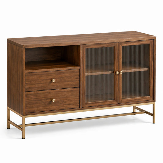 Credenza in legno con vetro scanalato e base in metallo, 80x150x40 cm