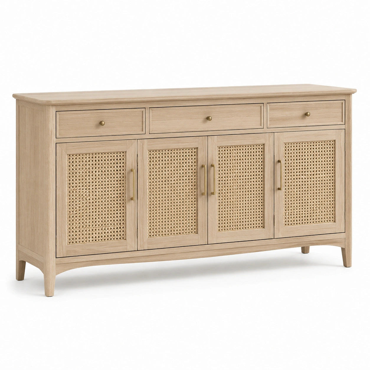 Credenza in Legno con Ante in Rattan e Tre Cassetti Naturale