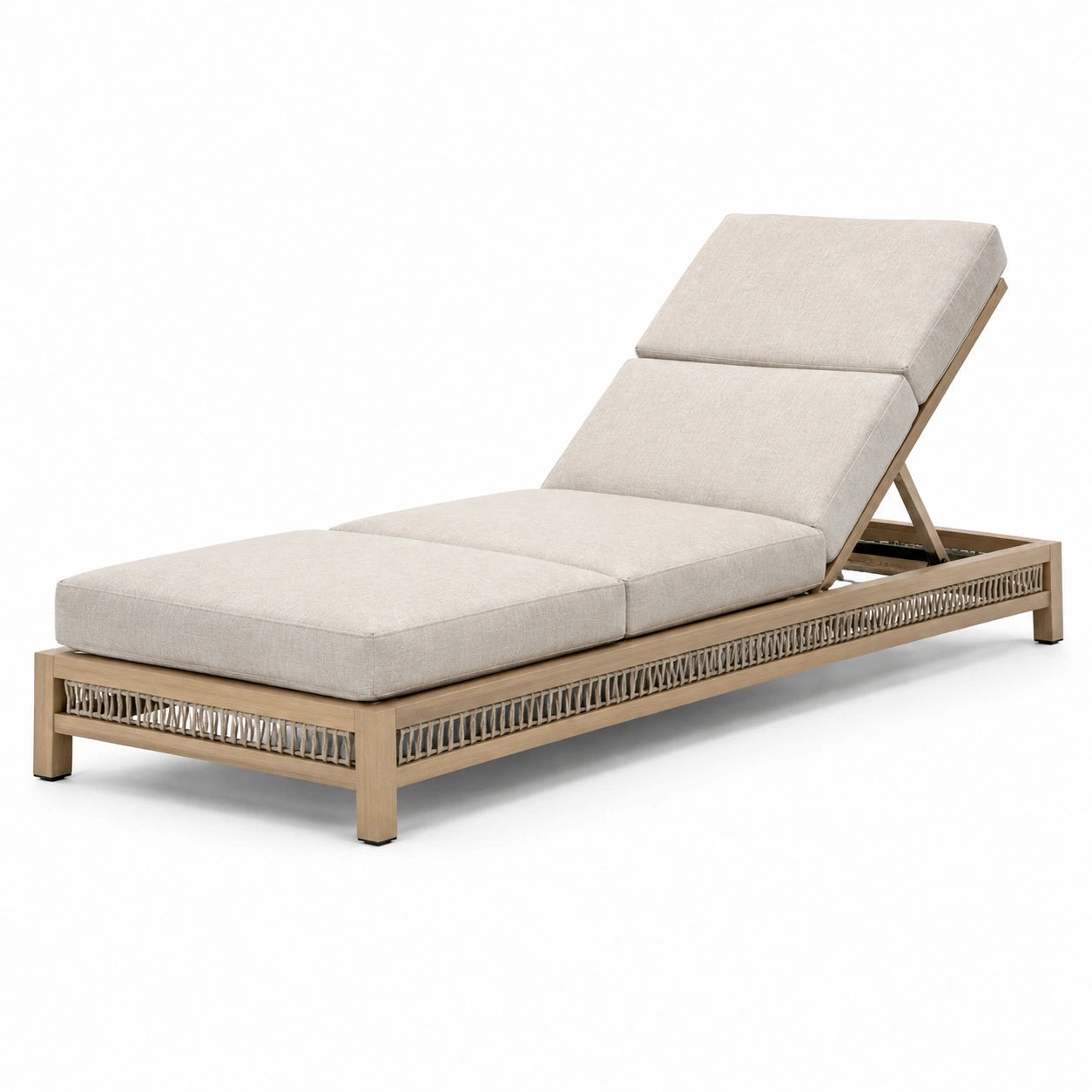 Lettino prendisole in legno acacia con cuscini regolabili in tessuto beige