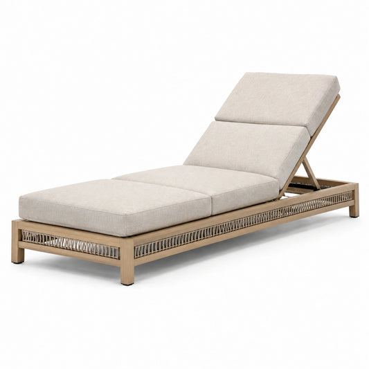 Lettino prendisole in legno acacia con cuscini regolabili in tessuto beige