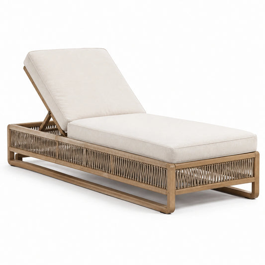 Lettino prendisole in legno e tessuto beige