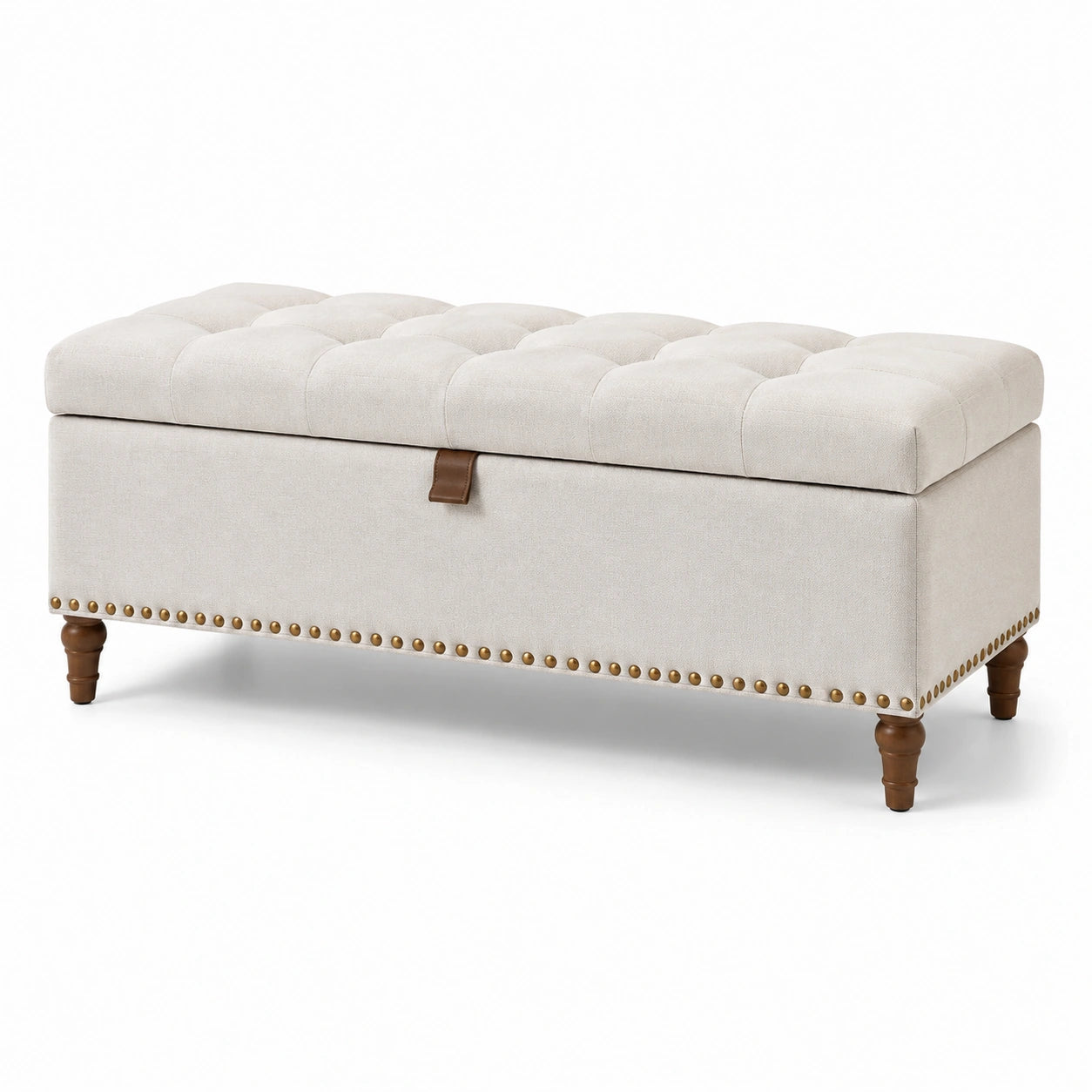 Panca contenitore in tessuto con gambe in legno massiccio beige
