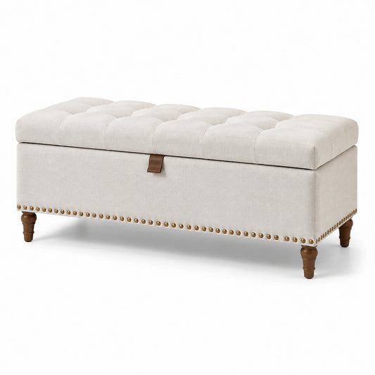 Panca contenitore in tessuto con gambe in legno massiccio beige