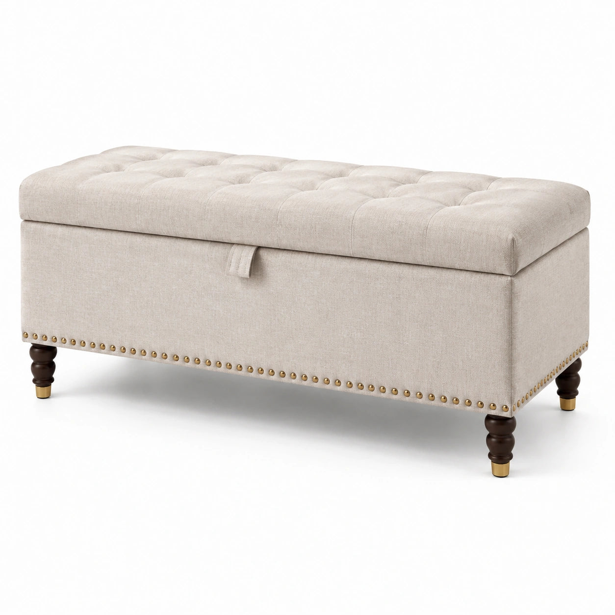 Panca contenitore in tessuto con gambe in legno e borchie, crema, 120x40x45 cm