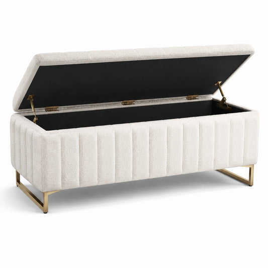 Panca contenitore in tessuto e metallo crema 140x40x45 cm