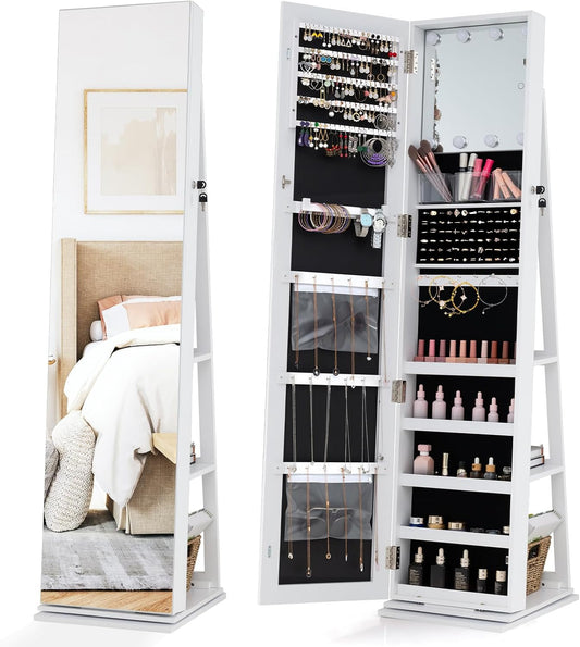 COSTWAY Armadietti, con illuminazione LED, con ripiani, bianco, COSTWAY Specchio Portagioie Girevole a 360°