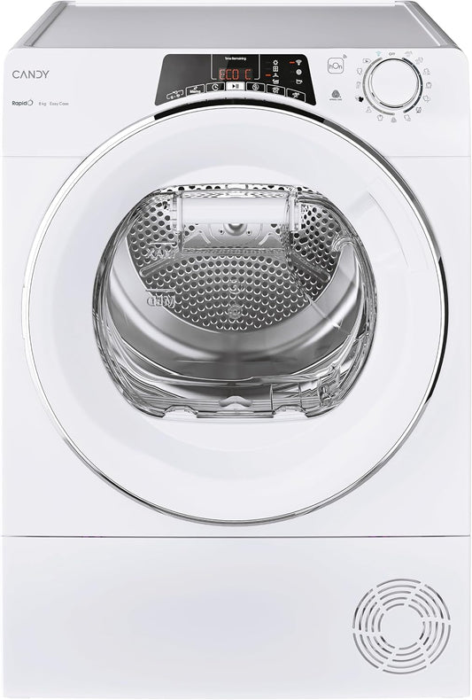 Lavatrici H8A2TCEX-S, 85 × 60 × 58,5 cm, 8 kg, bianco, CANDY, Asciugatrice pompa di calore 8 kg, 7 programmi rapidi