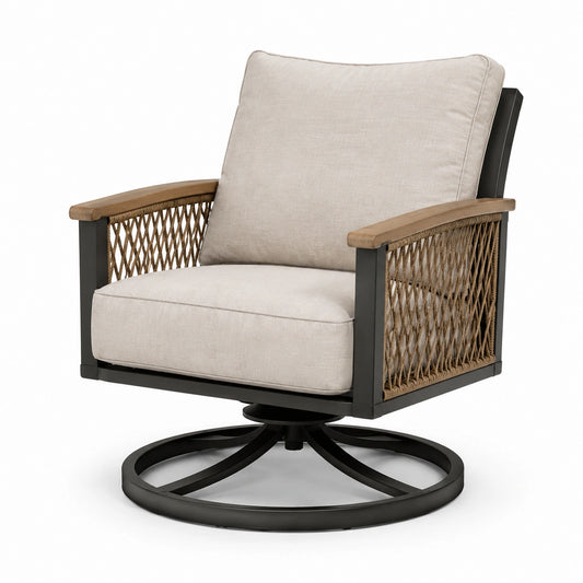 Sedia girevole in metallo, legno e corda con cuscini in poliestere beige