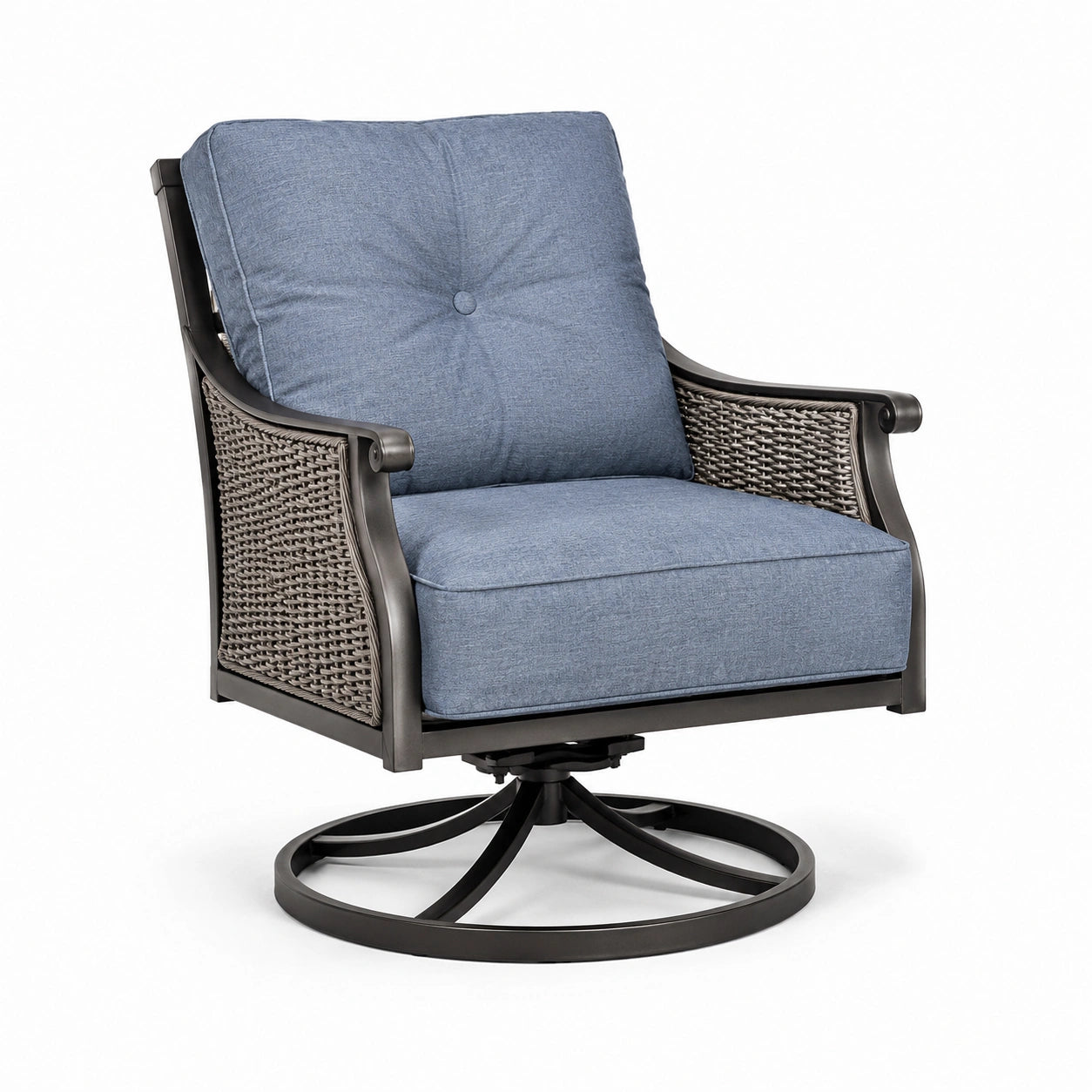 Poltrona girevole in alluminio e rattan sintetico con cuscini in poliestere blu