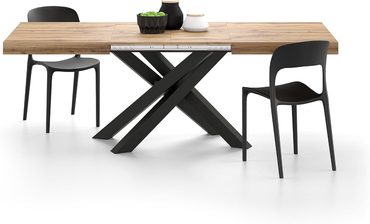 tavolo, 140 cm, per la cucina, per il soggiorno, Mobili Fiver, Tavolo Allungabile Emma 140(220) x90 cm, Rovere Rustico con Gambe Incrociate Nere