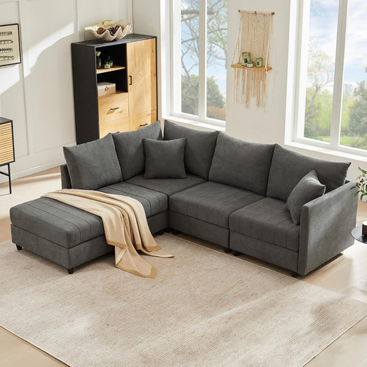 divano, 220 × 194 × 85cm, grigio, per il soggiorno, Rvjiahe, Divano angolare moderno 5 posti con a righe verticali, 220x194x85cm