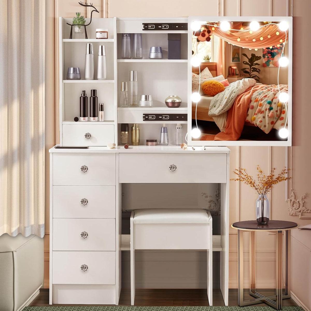 tavolo, con illuminazione LED, con cassetti, con ripiani, legno, bianco, per la camera da letto, Dradaomull