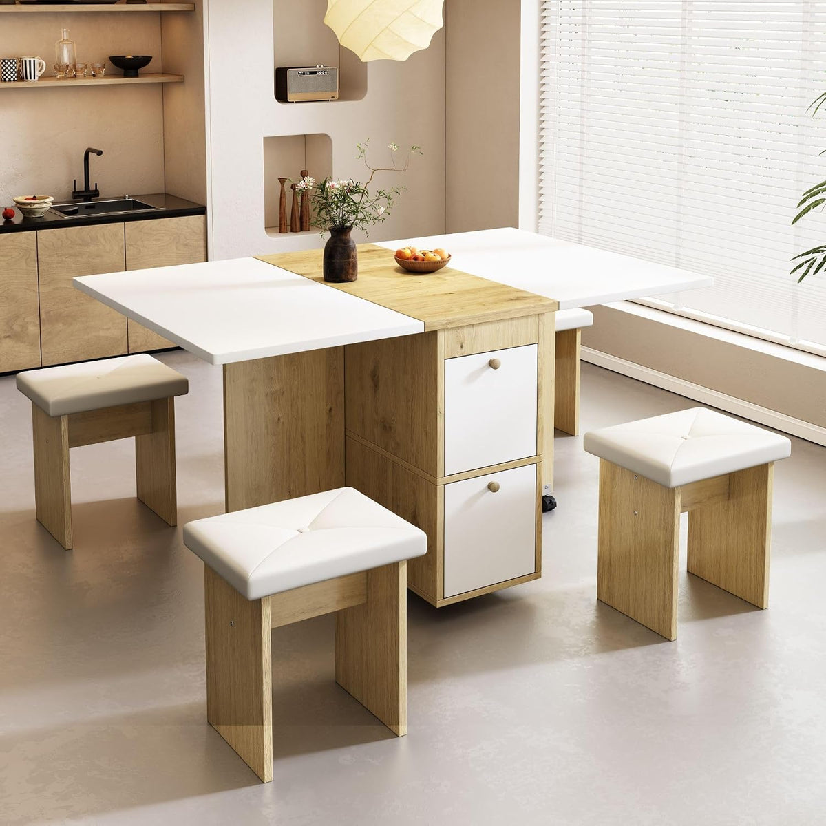 tavolo, 120 × 80 × 75 cm, bianco, per la cucina, per il soggiorno, Rtopsu, Rtopsu Tavolo per Sala da Pranzo Estensibile e Mobile con 4 sedie