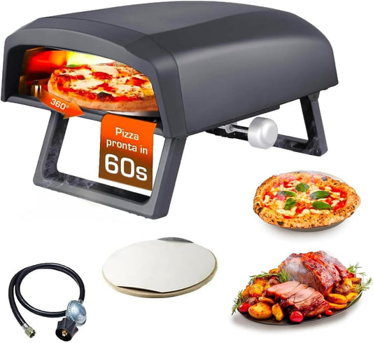 forno per pizza, 64 × 44 × 31,5cm, 4000W, acciaio inox, Avilia, Avilia Forno Pizza a Gas con Piatto Rotante 360 Gradi 64x44x31
