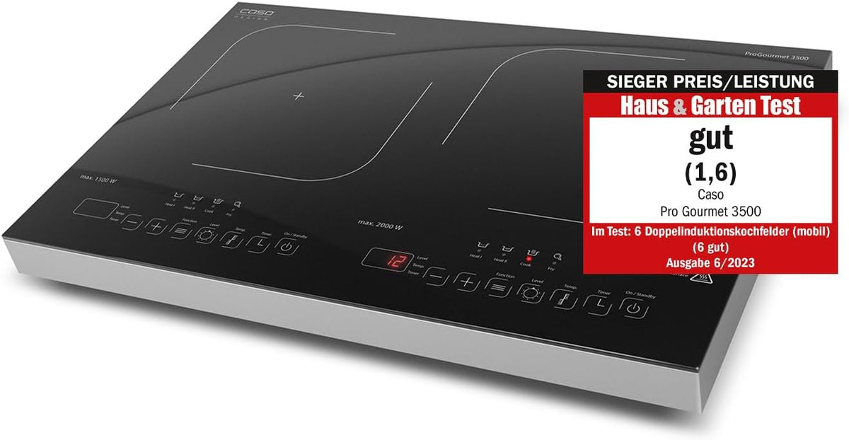 Fornellini elettrici, 24 cm, 3500 W, 240 °C, vetro, Caso, CASO ProGourmet 3500 - Piastra a induzione doppia mobile, 3500 W Powersharing, 60-240 °C